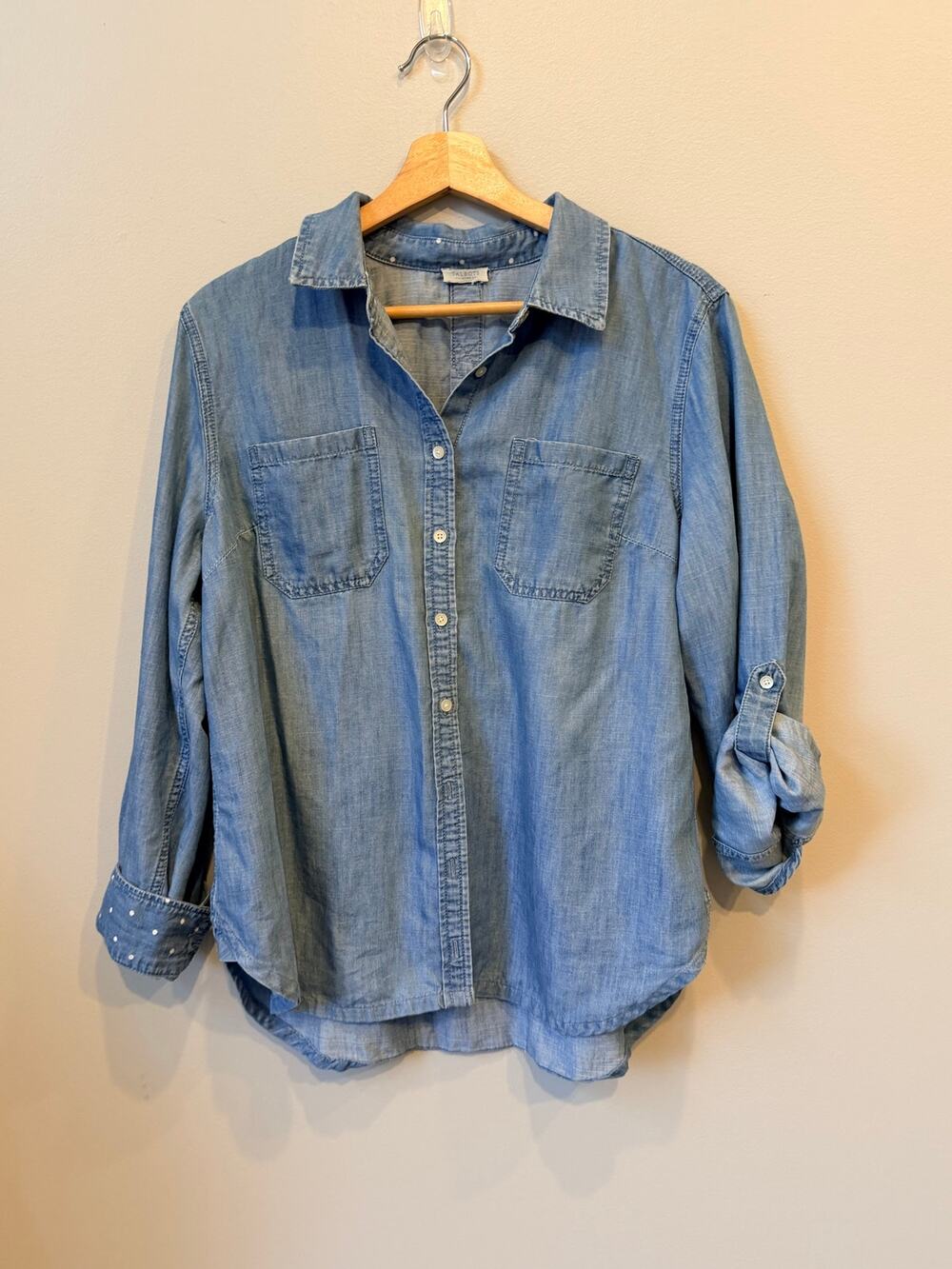 Talbots Petite Size 4 Soft Denim Chambray Button Up Roll Sleeve Blouse